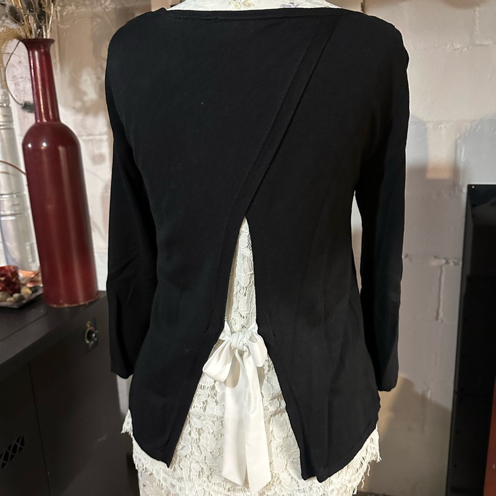 WHBM Black quarter sleeve top with cream lace